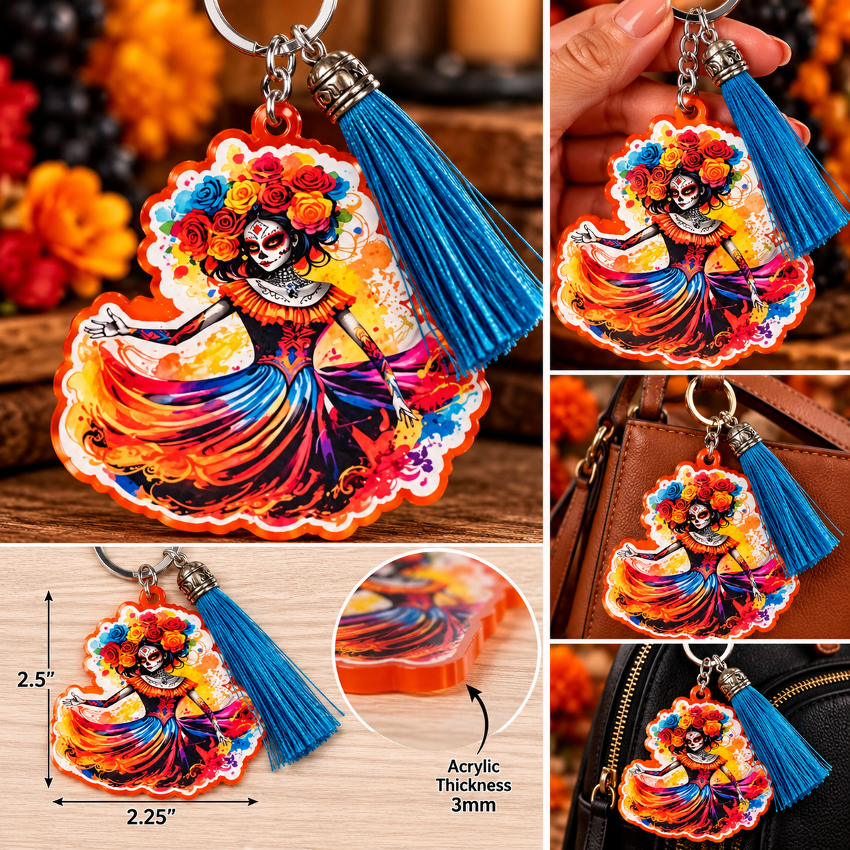 Catrina Acrylic Keychain with Tassel | Día de los Muertos Collection