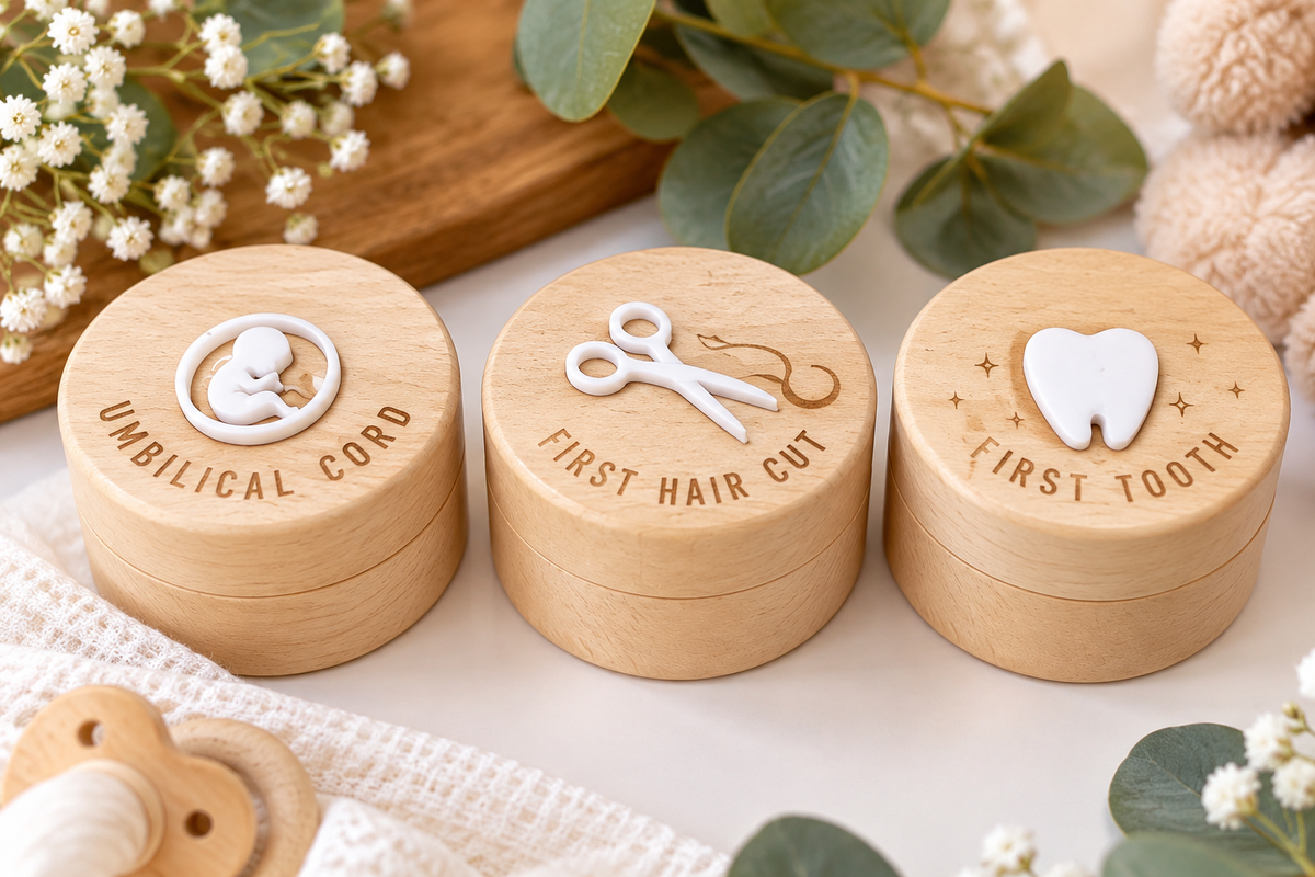 Baby's First Memories Keepsake Set with wooden boxes for umbilical cord, first haircut and first tooth