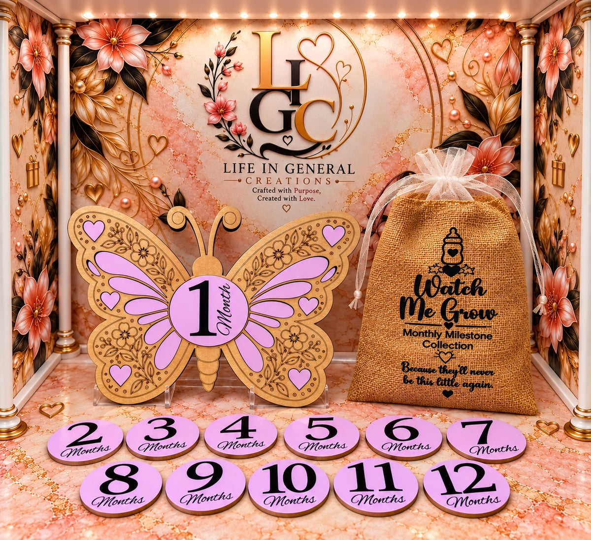 Watch Me Grow butterfly baby milestone set with 12 interchangeable purple month discs and storage pouch